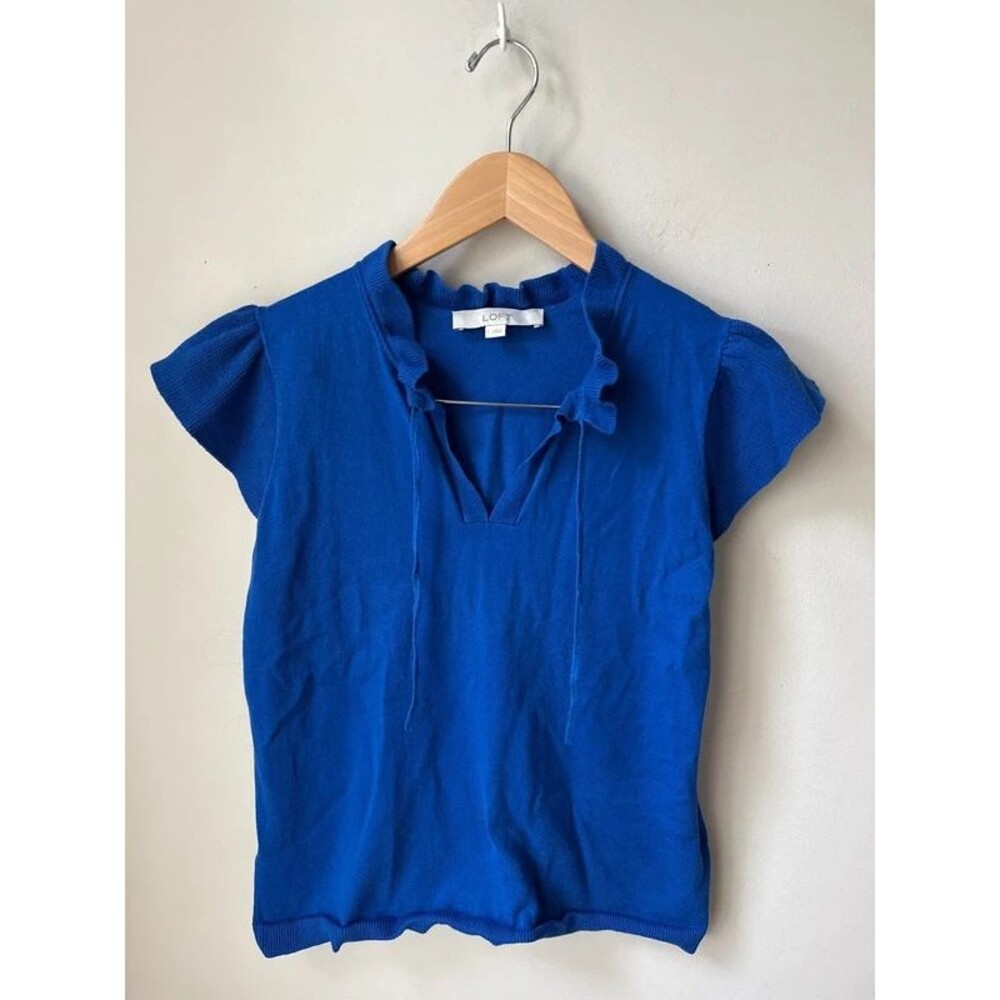 LOFT Electric Blue Ruffle Neck Short Sleeve Sweater Small